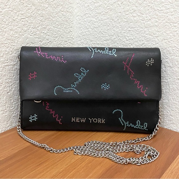 Rare HENRI BENDEL Girls Nightout Embellished Bling Black Leather Chain Wallet